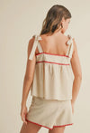 Linen Tape Detailed Tie Sleeve Tank Top- Cream/Red