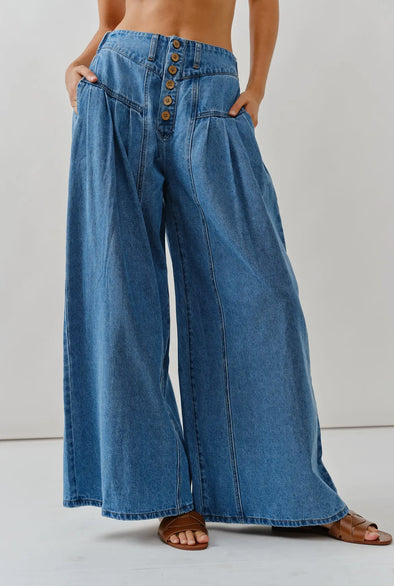 Genevieve Pleated Wide Leg Trouser-Denim