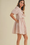 Bubble Sleeve Striped Dress w/ Ties- Cream/Red