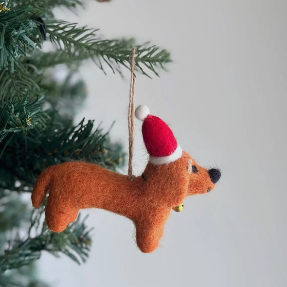 Felt Dachshund w/ Christmas Hat Ornament- Caramel