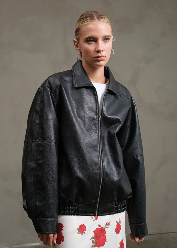 Vegan Leather Oversized Boyfriend Jacket- Black