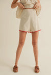 Linen Shorts w/ Tape Detail- Cream/Red