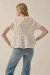 Bow-Embroidered Lace-Trim Ruffled Babydoll Top- Off White