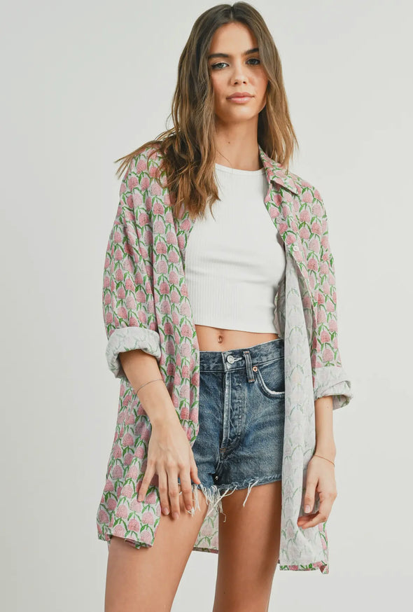 Strawberry Fields Oversized Button Down Top- Pink/Green Multi