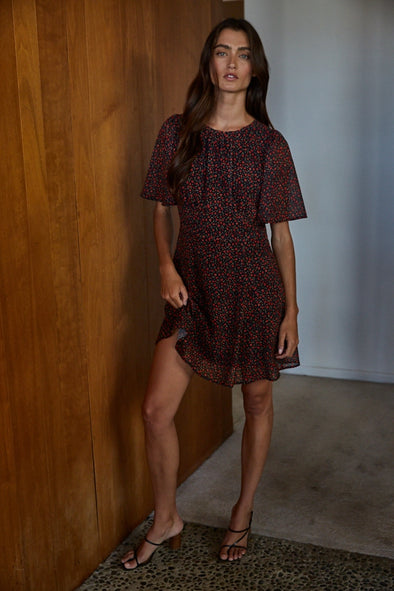 Floral Print Mini Dress- Black/Multi