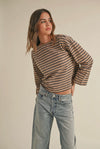 Striped Cotton L/S Top- Taupe/Navy