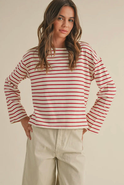 Striped Cotton L/S Top- Red/Cream