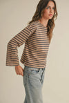 Striped Cotton L/S Top- Taupe/Navy