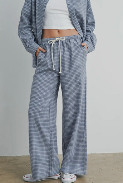 Check Plaid Drawstring Pants- Blue