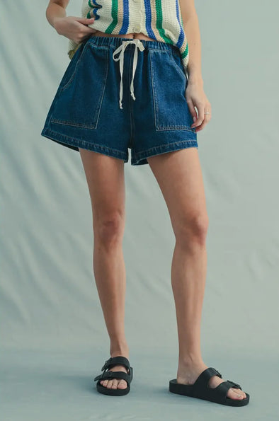 Denim Drawstring Shorts- Dark Wash