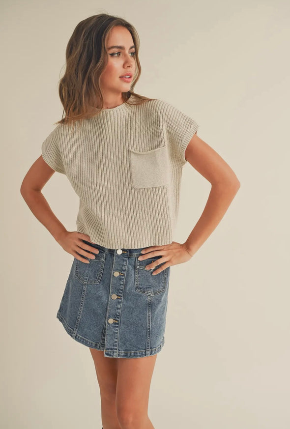 Half Mock Neck Knit Top- Cream