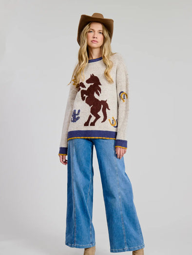 Prairie Ride Pullover Sweater- Taupe/Blue