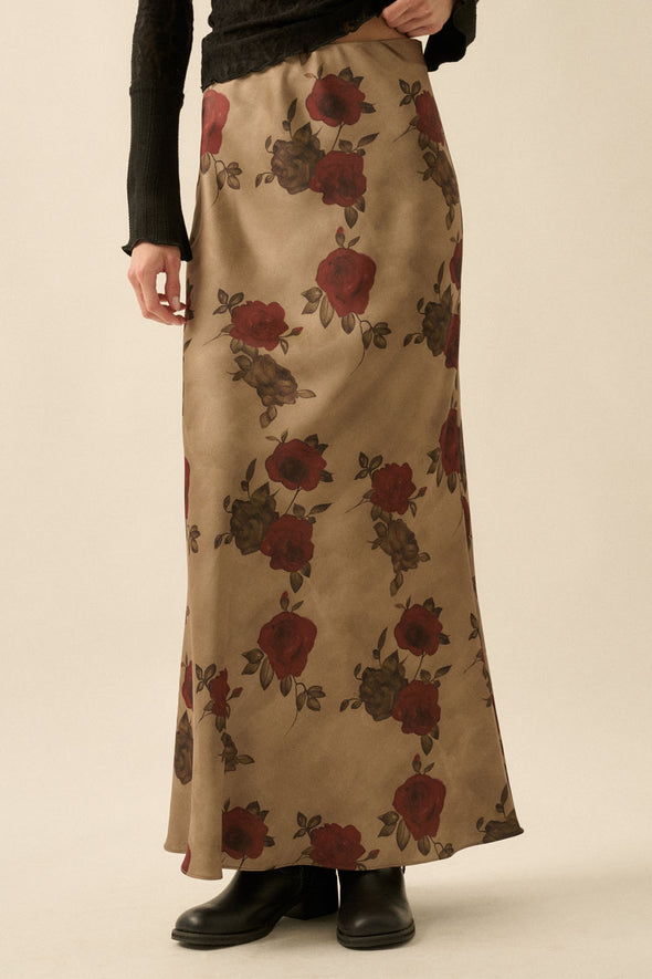 Girls 'N Roses Satin Maxi SKirt- Taupe/Olive/Maroon