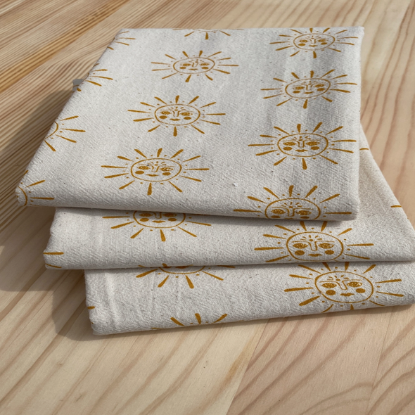Handprinted Kitchen Towel- Gold Suns Block Print