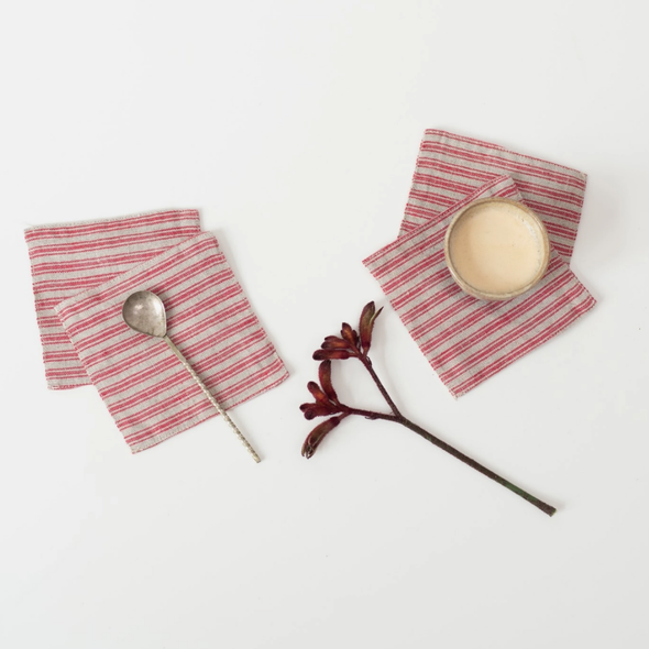 Linen Coasters- Set of 4- Red/Natural Stripes