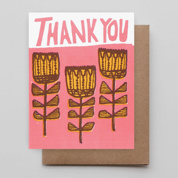 Thank You Pink Folk Flowers Greeting Card