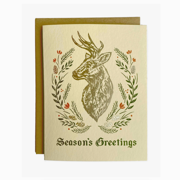 Season's Greetings- Folk Deer & Wreath Greeting Card