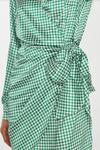 Pied-de-Poule Wrap Mini Dress- Emerald/White Satin Houndstooth