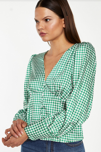 Houndstooth Blouse- Emerald/White