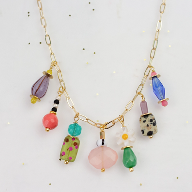 Dainty Colorful Charm Beaded Necklace- Gold/Multi