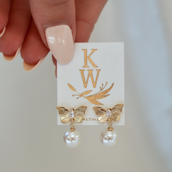 Butterfly Pearl Drop Stud Earrings