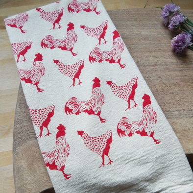 Hand Printed Cotton Kitchen Towel- Red Chickens