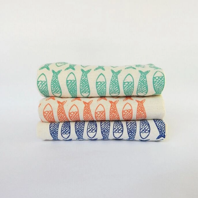 Hand Printed Cotton Kitchen Towel- Blue or Teal Fish