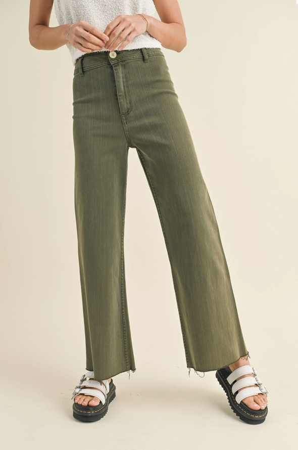 Straight Wide Leg Denim Pants- Olive