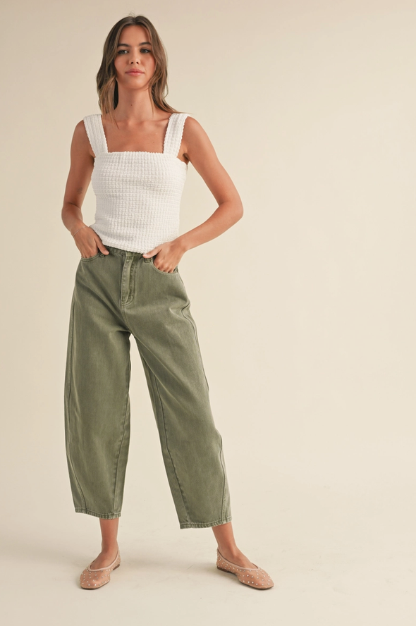 Washed Denim Barrel Pants- Olive