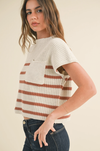 Half Mock Neck Striped Knit Top- Cream/Clay