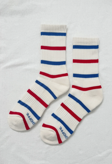 Le Bon Striped Boyfriend Socks- Red Blue White