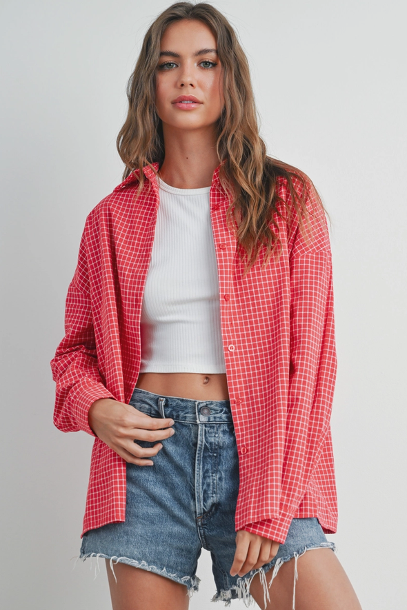 Check Plaid Button Up Top- Tomato Red