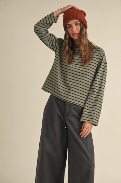 Striped Cotton L/S Top- Olive/Navy