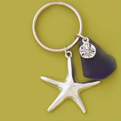 Pewter Seastar & Seaglass Keychain