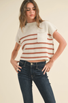 Half Mock Neck Striped Knit Top- Cream/Clay