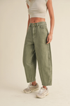 Washed Denim Barrel Pants- Olive