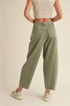 Washed Denim Barrel Pants- Olive