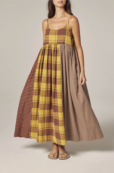 brown plaid maxi dress Ruched Split Hem Sleeveless Crepe Off Shoulder, Too Unbothered Plaid Maxi Dress in Brown, Size M,