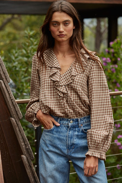 Gingham Ruffle Collar L/S Top- Brown/Ivory