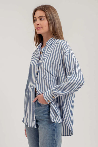 Stripe Button Down L/S Shirt- Blue