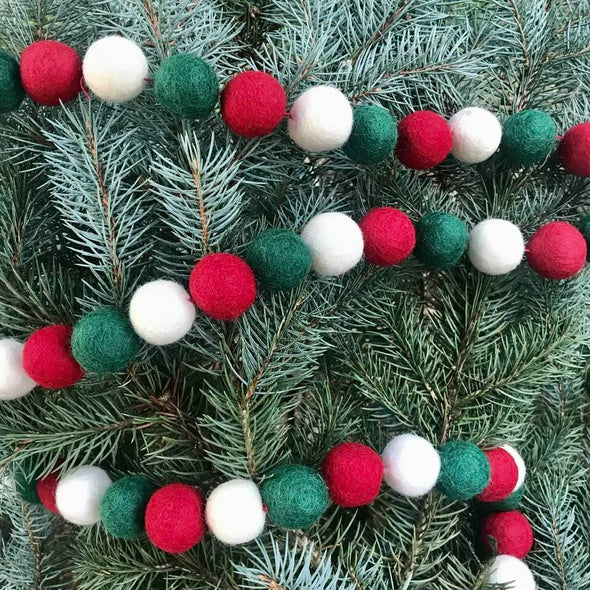 Felted Wool Garland Balls-Red/White/Green