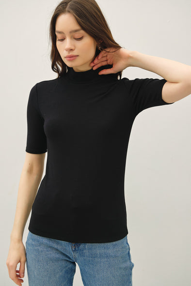 Mock Neck S/S Knit Top- Black