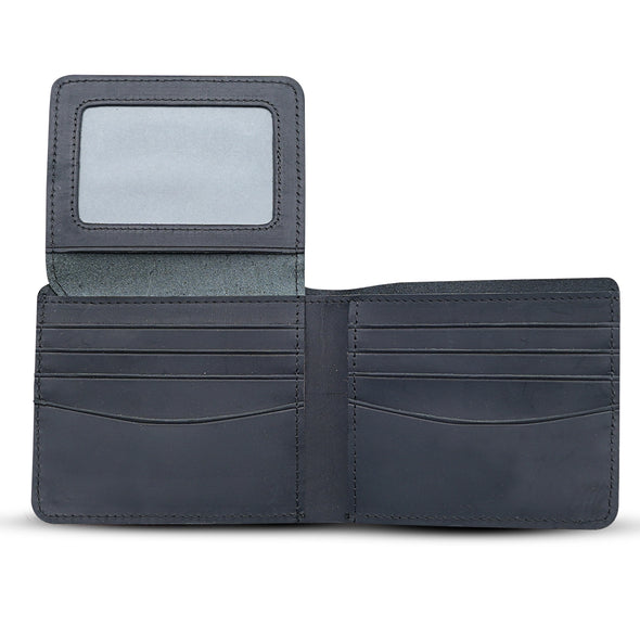 Leather Wallet w/ Flap Out Id Window- Black