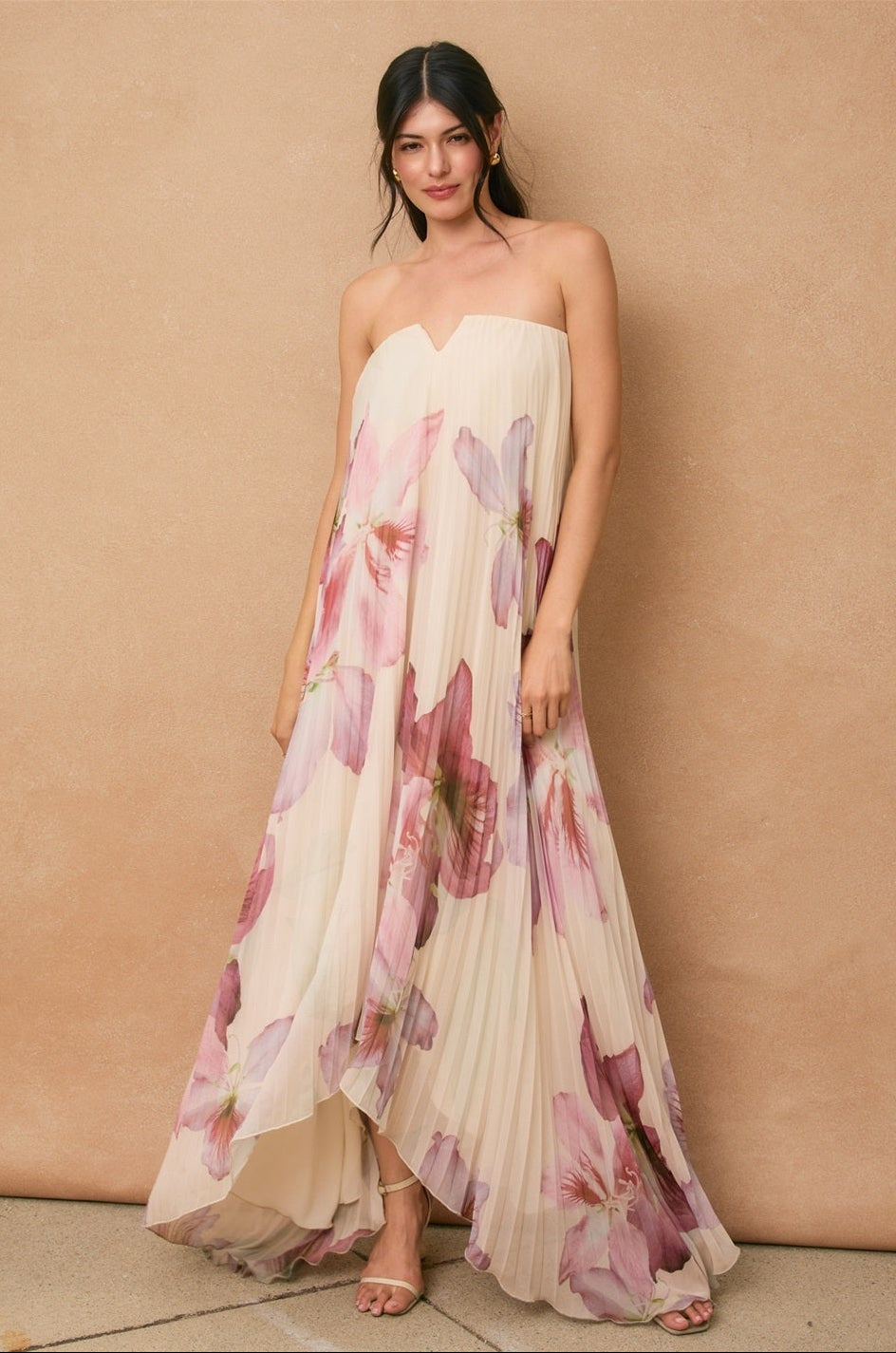 Bloom Pleated Maxi Column Dress- Cream/Orchid