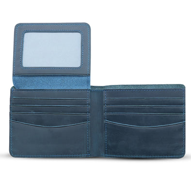 Leather Wallet w/ Flap Out Id Window- Blue
