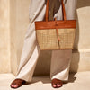 Rattan Cane Weave Tote Bag- Leather Trim