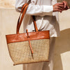 Rattan Cane Weave Tote Bag- Leather Trim