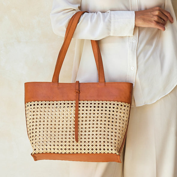 Rattan Cane Weave Tote Bag- Leather Trim