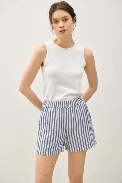 Striped Cotton Gauze Shorts- Stone Blue