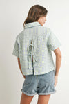Checkered Tie-Back Polo Crop Button Up- Yellow/Blue